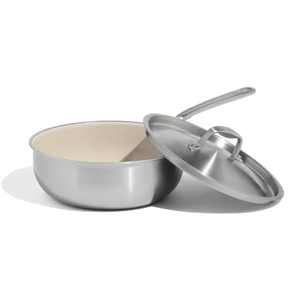 Made In Cookware | 3 QT Ceramic Non Stick Saucier with Lid | 5-Ply Stainless Clad with Stay-Cool Handle | Professional Cookware | Crafted in Italy | Induction Compatible