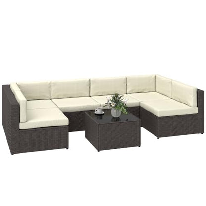 Outsunny 7 Piece Patio Furniture Set Wicker Outdoor Sectional Cream White