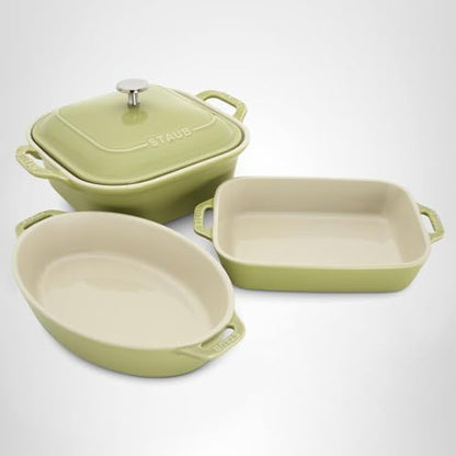 Staub Ceramic 4-pc Baking Pans Set, Casserole Dish with Lid, Brownie Pan, Light Green
