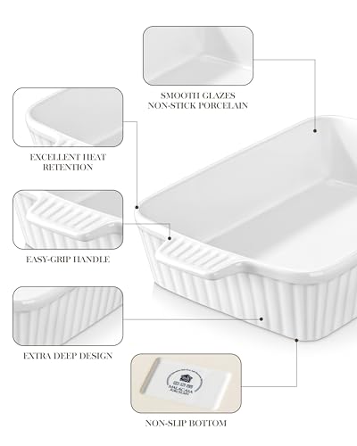 MALACASA 4.4 QT Baking Dish, 9x13 Large Casserole Dish for Oven, Ceramic Baking Pan, Rectangular Lasagna Pan Deep with Handles for Baking, Durable Microwave Oven Safe, Wedding Gift,White, Series BAKE-BAKE