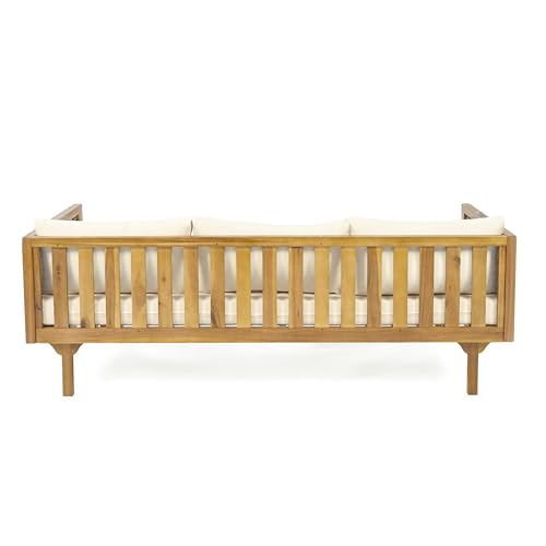 Merax Outdoor Patio 3-Seat Sofa and Round Coffee Table, Beige +Teak