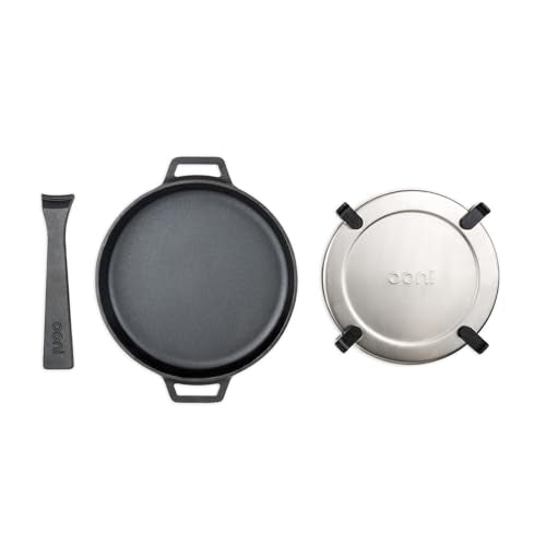 ooni Cast Iron Skillet Pan - 9" Round Fyring Skillet Pan with Removable Handle and Sainless Steel Trivet, Cast Iron Frying Pan, Pre-Seasoned Non-Stick Oven Safe Cookware, Pizza Oven & BBQ Accessories