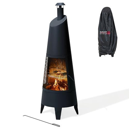 SUNJOY 2-in-1 Chiminea Fire Pit & Grill, 57" Tall Outdoor Fireplace with Removable Stainless Steel Grill Grate, Spark Screen & PVC Cover for Patio, Backyard, Cooking - Black