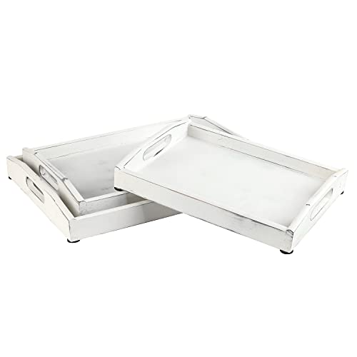 MyGift Vintage Rustic Whitewashed Wood Nesting Serving Trays/Decorative Ottoman Trays with Oval Cutout Handles, Set of 3