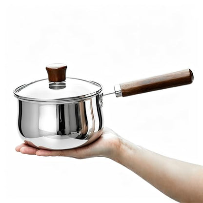 GREATLINK Small Sauce Pan with Lid and Wooden Handle for Cooking - 1 Quart Stainless Steel Saucepan with Pour Spout for Heating Milk, Melting Chocolate, Warming Sauces - Small Pot for All Cooktop