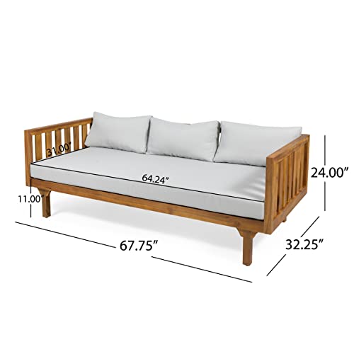 Christopher Knight Home Tina Outdoor 3 Seater Acacia Wood Daybed, Teak Finish, Light Grey