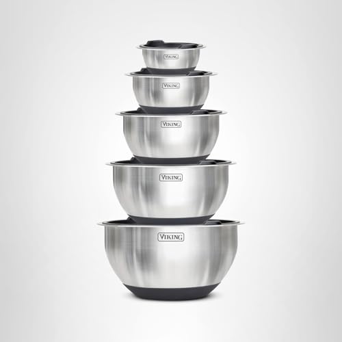 Viking Mixing Bowls Set, 10 Piece Stainless Steel Kitchen Cookware, Non-Slip Silicone Base, Includes Tight Fit Lids, Dishwasher Safe, Black