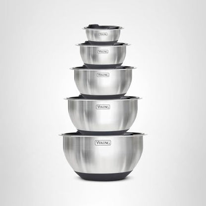 Viking Mixing Bowls Set, 10 Piece Stainless Steel Kitchen Cookware, Non-Slip Silicone Base, Includes Tight Fit Lids, Dishwasher Safe, Black