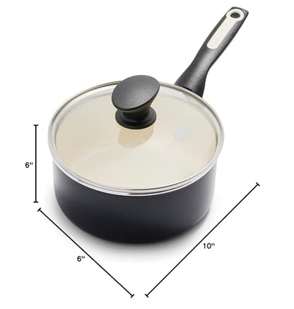 GreenPan Rio Healthy Ceramic Nonstick 2QT Saucepan Pot with Lid, PFAS-Free, Dishwasher Safe, Black