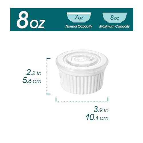 vancasso 8 oz Ramekins with Lid, Porcelain Creme Brulee Souffle Dishes, White Pudding Custard Cups Ramiken for Baking, Dishwasher and Oven Safe, Set of 6