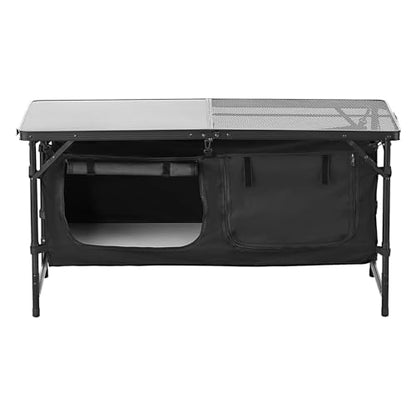 VEVOR Camping Kitchen Table, Folding Outdoor Cooking Table, 3 Adjustable Heights, Aluminum Lightweight Portable Cook Station with Storage Organizer, Carry Handle, for BBQ Party Picnic RV Travel, Black