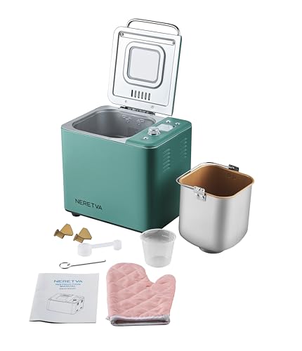 Neretva Bread Maker, 20-IN-1 2LB Bread Machine Dual Heater Bread Maker Machine Automatic with Nonstick Ceramic Pan, 15H Timer & 1H Keep Warm Set, Low Noise, Stainless Steel Breadmaker Recipe-Green