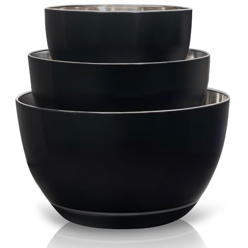 WHYSKO Stainless Steel Mixing Bowls Set of 3 with Non-Slip Silicone Base, Nesting Metal Bowls for Meal Prep, Baking, Cooking & Food Storage, Dishwasher Safe Kitchen Mixing Bowls, Black