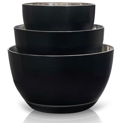 WHYSKO Stainless Steel Mixing Bowls Set of 3 with Non-Slip Silicone Base, Nesting Metal Bowls for Meal Prep, Baking, Cooking & Food Storage, Dishwasher Safe Kitchen Mixing Bowls, Black