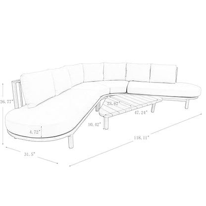 Merax 5 Piece Patio Outdoor Furniture Set, All Weather 118" Half Moon Sectional Sofa with Acacia Wood Frame & Waterproof Cushions,1 Coffee Table for Garden,Lawn,Backyard,Poolside,Beige+Light Teak