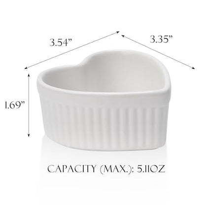 VanEnjoy 4 pack 5oz Heart Shaped Ramekins Ceramic Bowl Bakeware for Souffle Creme Brulee Oven and Dishwasher Safe Baking Dishes Cute White Cookware for Kitchen