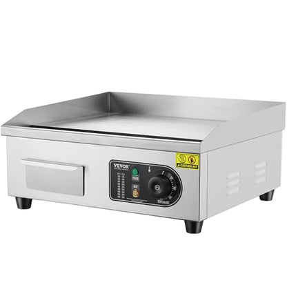 VEVOR Commercial Electric Griddle, 1700W Countertop Flat Top Grill, 18in Stainless Steel Griddle Grill with 2 Shovels and 2 Brushes for Home or Restaurant, 122℉-572 ℉ Adjustable Temp