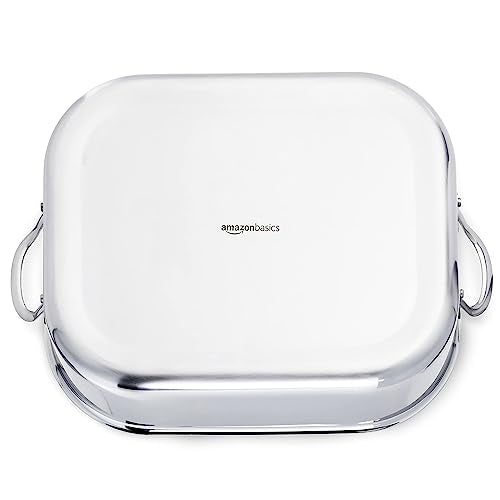 Amazon Basics Stainless Steel Rectangular Roasting Pan with Rack, Turkey Roaster, Dishwasher Safe, Easy to Clean, Oven Safe, 16 in