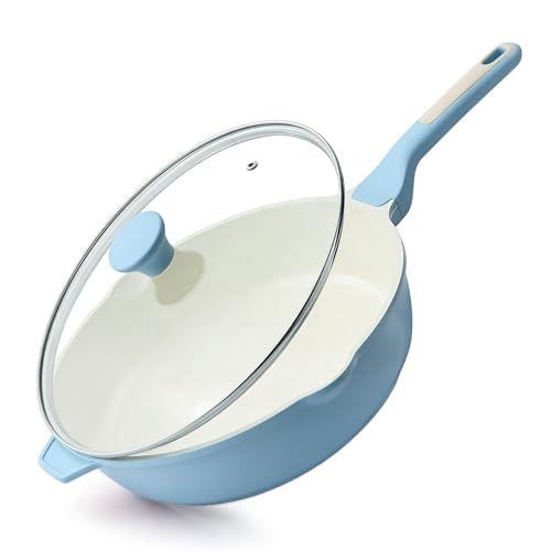 SENSARTE Nonstick Ceramic Skillet with Lid 12-inch, 5QT Non Toxic Deep Frying Pan, Saute Pan with Lid, Stay-cool Handle, Healthy Cooking Pot, Induction Compatible, Blue