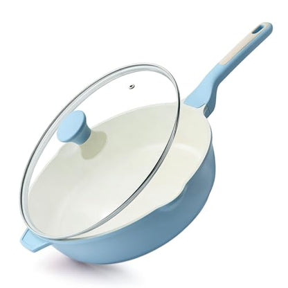 SENSARTE Nonstick Ceramic Skillet with Lid 12-inch, 5QT Non Toxic Deep Frying Pan, Saute Pan with Lid, Stay-cool Handle, Healthy Cooking Pot, Induction Compatible, Blue