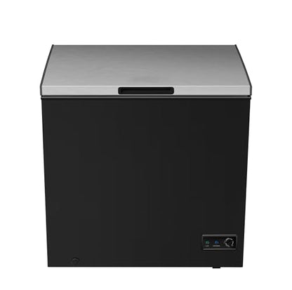 Chest Deep Freezer, 7 Cu. Ft, Black Adjustable Thermostat-Removable Vinyl Coated Wire Basket-Easy Defrost Drain, Eye-Catching Stainless Steel Top Door- Garage Ready