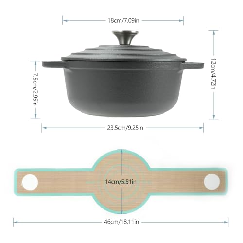 HAWOK Cast Iron Pre-seasoned Mini Dutch oven, Dia. 18 cm/7 inch, 1.5 Quart, with Silicone Bread Sling Black