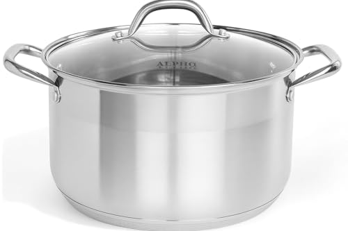 Alpha Living SP-12G Stainless Steel Pot with Capsule Bottom – Induction Compatible 12Qt Pot with Lid – Tri-Ply Ultra-Thick Bottom – Ideal for Spaghetti, Cooking, Canning, Boiling