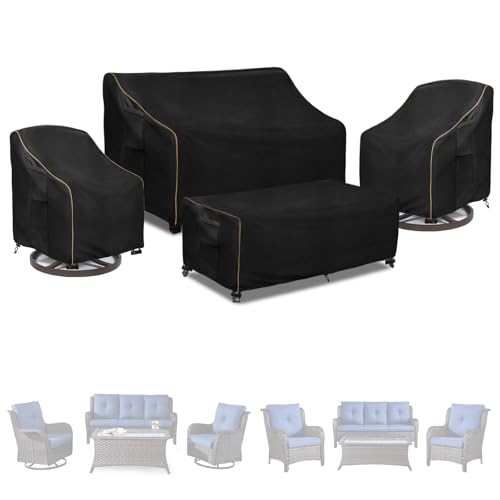 Patio Furniture Covers 4 Piece Set, 600D Heavy Duty Outdoor Furniture Covers Waterproof for Patio 3-Seater Sofa,Swivel Rocker Chair and Coffee Table Furniture Set,Black,XX-Large