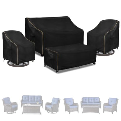 Patio Furniture Covers 4 Piece Set, 600D Heavy Duty Outdoor Furniture Covers Waterproof for Patio 3-Seater Sofa,Swivel Rocker Chair and Coffee Table Furniture Set,Black,XX-Large