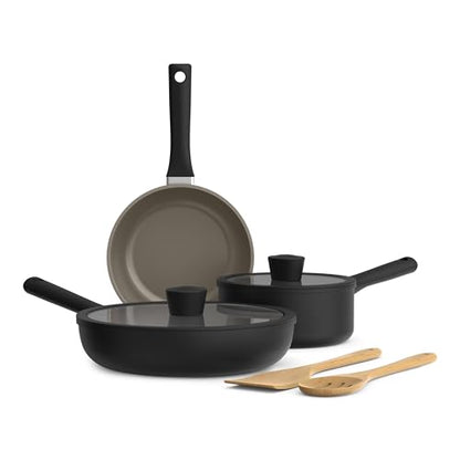 bella 7 Piece Cookware Set with EverGood™ Ceramic Nonstick Coating, Dishwasher Safe Oven Safe, All Stovetops Compatible, Glass Lids with Silicone Rims, Cool Touch Handles, Black