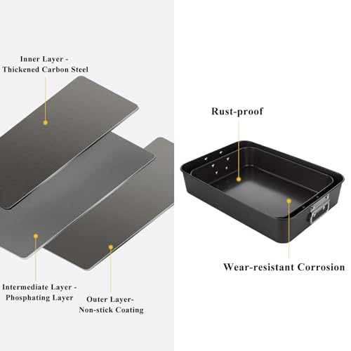 CYEAH 2 Pack Lasagna Pan Deep Baking Pan for Oven, 13.7 in & 16 inch Baking Dishes for Oven, Roasting Pan Brownie Pan with Handles, Nonstick Rectangle Cake Pans Sets for Baking Cooking, Black