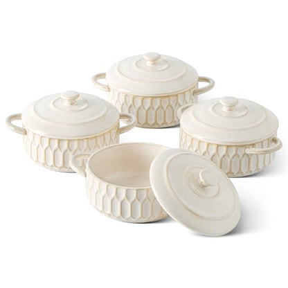 ArteBake Mini Cocotte Set-14 OZ Small Casserole Dishes with Lids and Handles, Individual Ceramic Baking Ramekins for Lasagna, Soufflé, Soup,Oven, Microwave & Dishwasher Safe,set of 4, Beige
