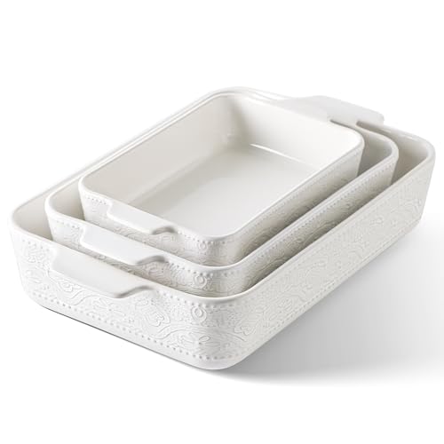 Ceramic Baking Dish Set of 3, Casserole Dishes for Oven, Ideal for Baking, Stewing, Roasting, and Holiday Feasts. The Gift for Mother's Day, Thanksgiving, Christmas, or Housewarming(Bright White)