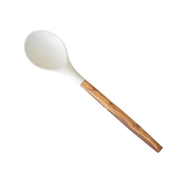 Naturally Med Silicone Round Spoon (White) with Olive Wood Handle