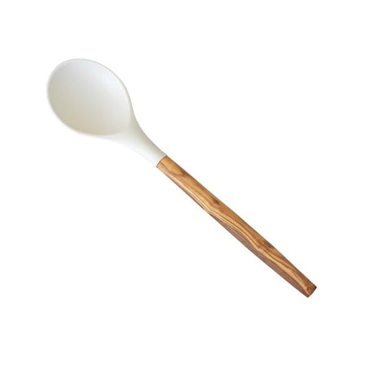 Naturally Med Silicone Round Spoon (White) with Olive Wood Handle