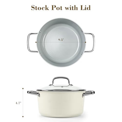Zalnuuk Ceramic 5 Qt Nonstick Stock Pot with Lid, Soup Pot, Easy to Clean Non Stick Pasta Pot, PFOA PFAS PTFE Free, White
