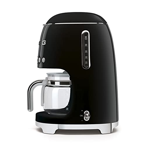Smeg 50's Retro Style Aesthetic Drip Coffee Machine with 10 Cup Glass Carafe, Auto Start Feature, Keep Warm Plate, and Two Coffee Strength Settings (Black)