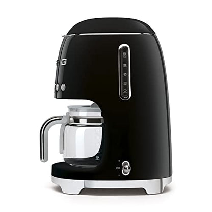 Smeg 50's Retro Style Aesthetic Drip Coffee Machine with 10 Cup Glass Carafe, Auto Start Feature, Keep Warm Plate, and Two Coffee Strength Settings (Black)