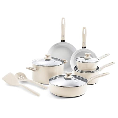 GreenPan Dover Healthy Ceramic Nonstick, 12 Piece Cookware Pots and Pans Set, PFAS-Free, Dishwasher Safe, Comfort Grip Handle, Cream White