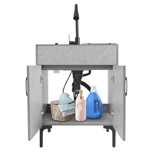 Freestanding Utility Sink, 30.71In Laundry Sink with Cabinet Indoor & Outdoor Utility Tub Pull-out Faucet&Gravity Ball&Drain Basket Heavy Duty for Laundry Garage Outdoor Kitchen Garden (Grey)