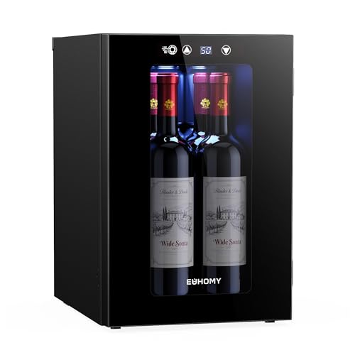 EUHOMY 18L Freestanding Counter-top Wine Fridge Mini Fridge, 4 Bottle and 6 Can Wine Cooler for Red White Wine, Wine Cellar with LED Digital Temperature Display Quiet, Black