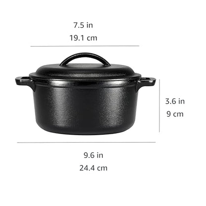 Amazon Basics Pre-Seasoned Cast Iron Mini Dutch Oven Pot with Lid and Dual Handles, Oven Safe, 2-Quart, Round, Black