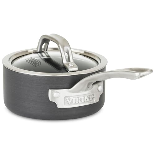 Viking Non Stick Sauce Pan with Glass Lid, 1 Quart Hard Anodized Nonstick Saucepan Cooking Pot, Dishwasher and Oven Safe, Induction Ready, Gray