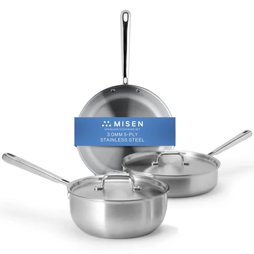 Misen 5-Ply Stainless Steel Cookware Set - Versatile, Dishwasher Safe - 5-Piece Set - 10" Skillet, 3 QT Saute Pan + Lid, 3 QT Saucier + Lid