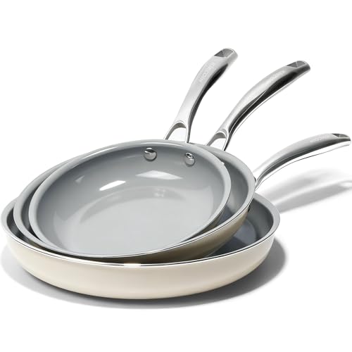 Kikcoin Non Stick Frying Pans, 3 Pack Ceramic Frying Pan for Cooking, 8+9.5+11 Inch Omelette Pans Set with Stay Cool Handle, Induction Ready, Free of PFAS PFOA PTFE, Oven/Dishwasher Safe