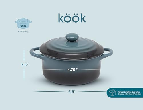 Kook Ceramic Mini Cocotte Set, Small Casserole Dishes with Lids and Handles, Individual Baking Ramekins, Oven safe 350F, Microwave & Dishwasher Safe, Stoneware, 12 oz, Set of 4, (Stone Ombre)