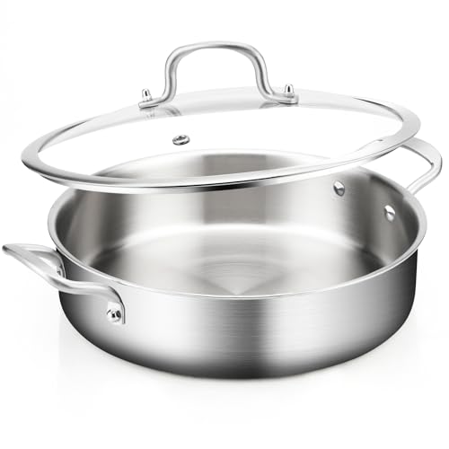 Yeksum 8-Quart Saute Pan with Lid | 13-Inch 3-Ply 18/10 Stainless Steel Deep Fry Pan & Large Skillet, Healthy Non-Toxic Cookware, Oven & Dishwasher Safe