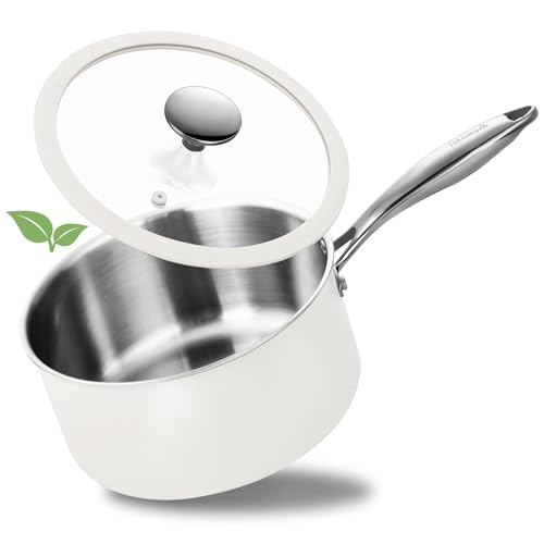 SAKAMOSH 3 Quart Tri-ply Stainless Steel Saucepan with Glass Lid, Induction Sauce Pan Compatible with All Cooktops, Non-Toxic Sauce Pot with Stay Cool Handle, Oven & Dishwasher Safe