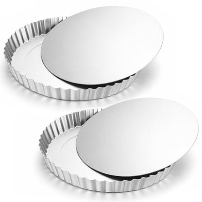 Hushee 2 Pack 9 Inch Tart Pan with Removable Bottom Non-Stick Carbon Steel Quiche Pan for Oven Baking Molds for Pies Quiches Fruit Tart Cake with Fluted Edges, Silver (1 Inch Deep)