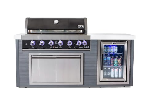 Mont Alpi Artwood Series - 78"W x 47"H x 27"D All Weather HDPE Outdoor Kitchen Island + Refrigerator & Double Access Doors + 44"W Black Stainless Steel 6-Burner Built-in BBQ Gas Grill + Rotisserie Kit
